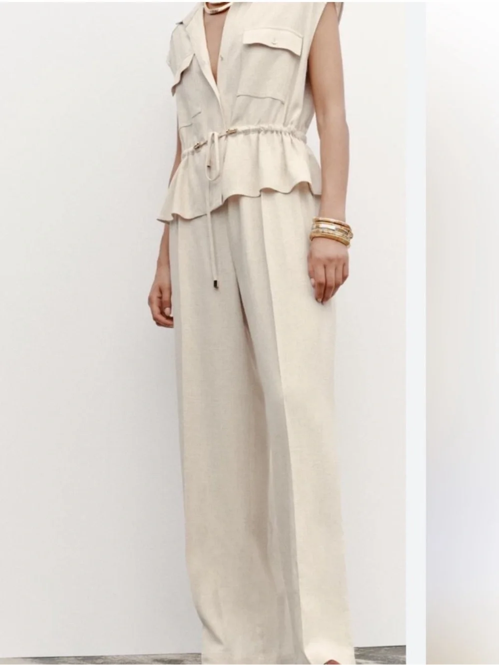 NWT Zara Linen Blend Summer Flowy Jumpsuit Sleeveless Drawstring Minimalist M